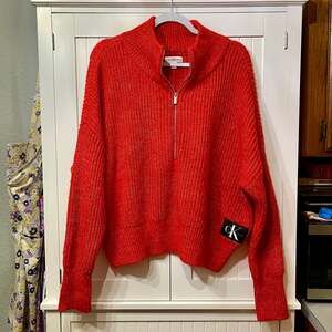 Calvin Klein Jeans Ribbed Quarter-Zip Knit Sweater In Red